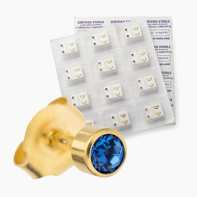 Sapphire Blue & Gold Colour Sterile Stud Earrings - One Pair